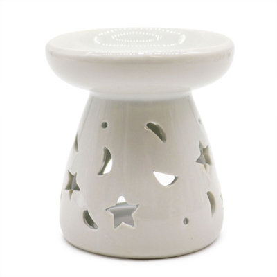 B&Q -  Large Classic White Ceramic Oil Burner Moon & StarGloss FinishTealight WellDecorative Cut-Outs