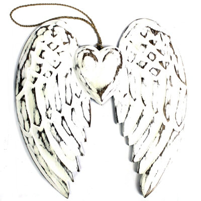 SerenityyHand Crafted Double Angel Wing And Heart Wall Decoration 24CmWhitewashed Distressed Wood from B&Q