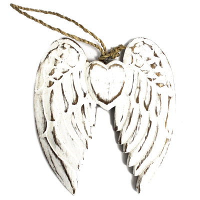 SerenityyHand Crafted Small Double Angel Wing And Heart Plaque15CmWhitewashed Vintage Finish from B&Q