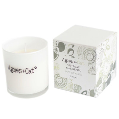 Serenityy Agnes + Cat Vintage Gardenia Soy Wax Votive Candle 200GWhite Glass With Embossed Silver Lid from B&Q
