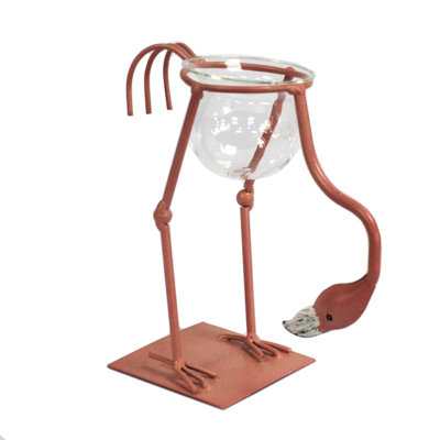 Serenityy Hydroponic Home Décor VasePink Metal Flamingo DesignRecycled GlassMetal And WoodTabletop Display from B&Q