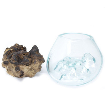 Small Molten Glass Bowl With Wooden Base Elegant Home Decoration from B&Q
