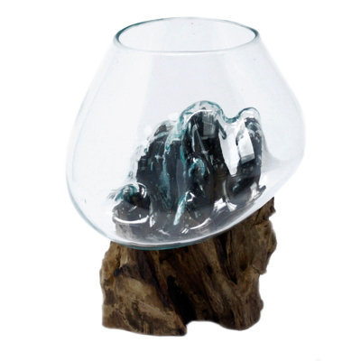 Glass Bowl On Wooden Base Large Decorative Ornament from B&Q