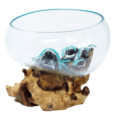 Large Open Molten Glass Bowl With Wooden Base Decorative Centrepiece from B&Q