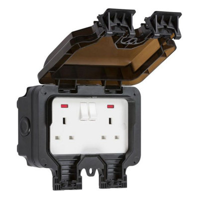 Knightsbridge Outdoor Double Switched Socket Neon Ip66 13A 2 Gang Dp BlackOp9N from B&Q