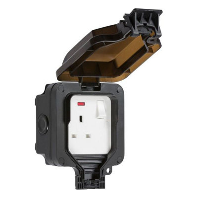 Mla Knightsbridge Ip66 13A 1 Gang Dp Socket With NeonBlackOp7N from B&Q