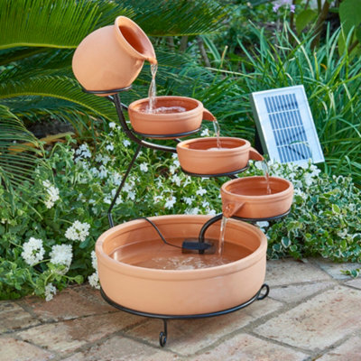 Primrose Terracotta Jug & Bowl Cascade Solar Water Feature With Battery Backup And Lights 55Cm