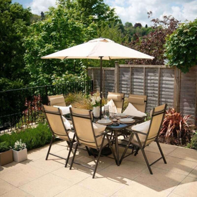 Primrose 6 Seater Dining Set Garden Furniture With Parasol Reclining Chairs Glass Table In Mocha from B&Q
