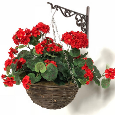 Primrose Large Artificial Geranium Flowers Rattan Hanging Basket Decoration Red 30Cm from B&Q