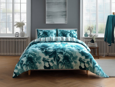 Duvet Cover And Pillowcase Set Reversible Rose And Stripe Design Polycotton Bed Linen Teal from B&Q