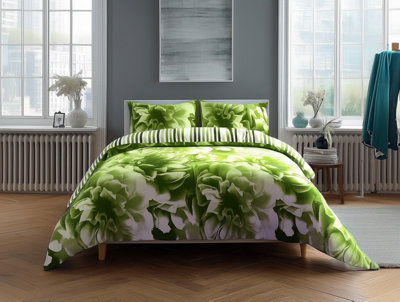  - Duvet Cover And Pillowcase Set Reversible Rose And Stripe Design Polycotton Bed Linen Lime