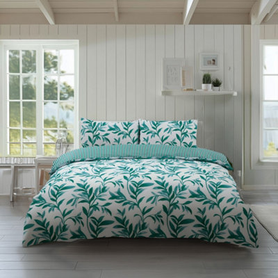 Duvet Cover And Pillowcase Set Reversible Leaf And Stripe Design Polycotton Bed Linen Teal from B&Q
