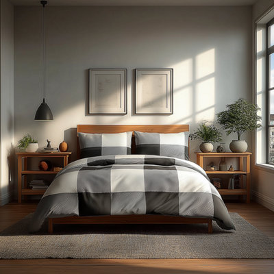 Duvet Cover And Pillowcase Set White Black Grey Tartan Check Design Polycotton Bed Linen White from B&Q