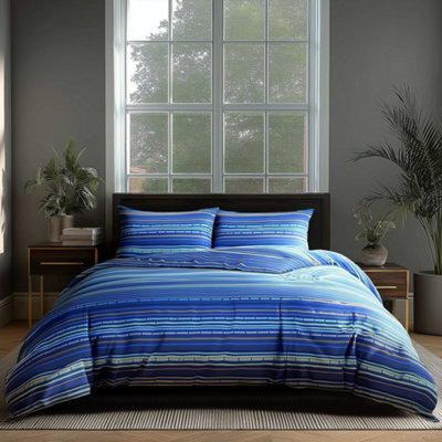  - Duvet Cover And Pillowcase Set Stripe Design Polycotton Bed Linen Blue