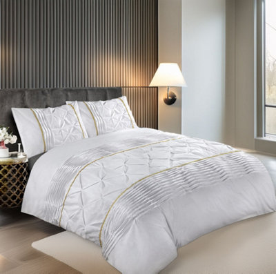 Duvet Cover And Pillowcase Set Pintuck Pleated Design Polycotton Linen White from B&Q