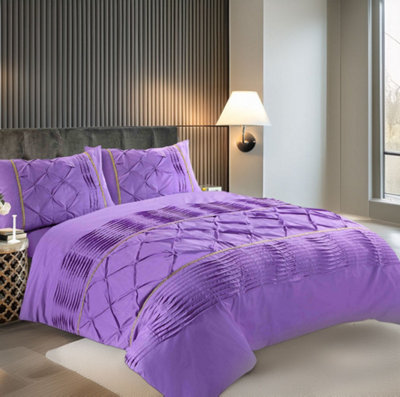Duvet Cover And Pillowcase Set Pintuck Pleated Design Polycotton Linen Lilac from B&Q