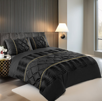 Duvet Cover And Pillowcase Set Pintuck Pleated Design Polycotton Linen Black from B&Q