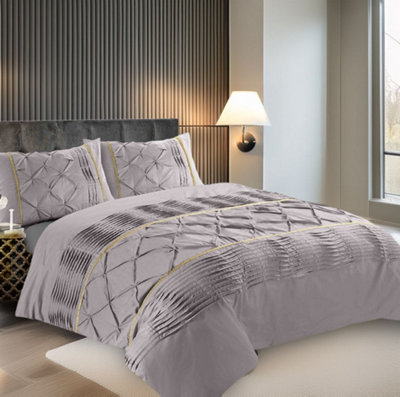 Duvet Cover And Pillowcase Set Pintuck Pleated Design Polycotton Linen Silver from B&Q