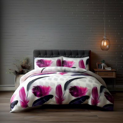 Duvet Cover And Pillowcase Set White Leaf Print Design Polycotton Bed Linen White from B&Q
