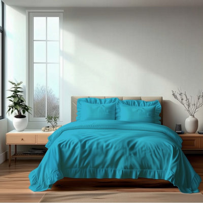 Duvet Cover And Pillowcase Set On Trend Frilled Design Polycotton Linen Teal from B&Q