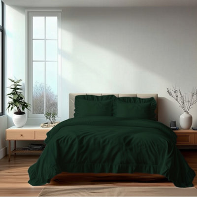 Duvet Cover And Pillowcase Set On Trend Frilled Design Polycotton Linen Green from B&Q