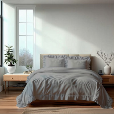 Duvet Cover And Pillowcase Set On Trend Frilled Design Polycotton Linen Silver from B&Q