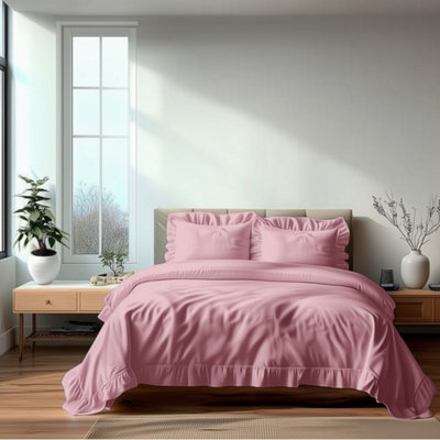 Duvet Cover And Pillowcase Set On Trend Frilled Design Polycotton Linen Pink from B&Q