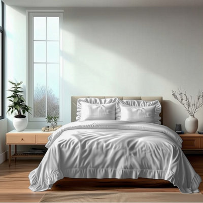 Duvet Cover And Pillowcase Set On Trend Frilled Design Polycotton Linen White from B&Q