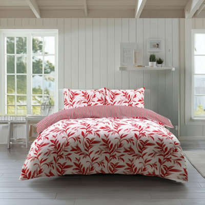 Duvet Cover And Pillowcase Set Reversible Leaf And Stripe Design Polycotton Bed Linen Red from B&Q