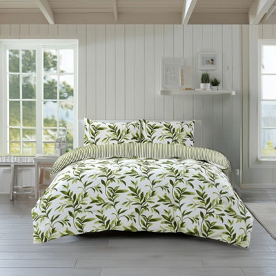 Duvet Cover And Pillowcase Set Reversible Leaf And Stripe Design Polycotton Bed Linen Green from B&Q