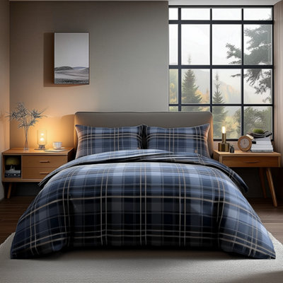 Duvet Cover And Pillowcase Set Indigo Tartan Check Design Polycotton Bed Linen Indigo from B&Q