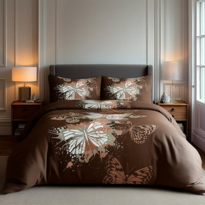 Duvet Cover And Pillowcase Set Butterfly Design Polycotton Bed Linen Chocolate from B&Q