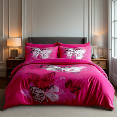 Duvet Cover And Pillowcase Set Butterfly Design Polycotton Bed Linen Pink from B&Q