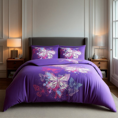 Duvet Cover And Pillowcase Set Butterfly Design Polycotton Bed Linen Purple from B&Q