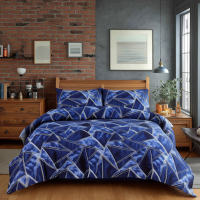 Duvet Cover And Pillowcase Set Navy Blue Triangle Print Design Polycotton Bed Linen Blue from B&Q