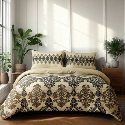Duvet Cover And Pillowcase Set Natural Black Stripe Floral Design Polycotton Bed Linen Beige from B&Q