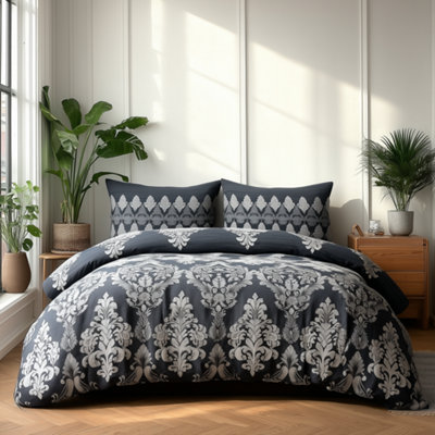 Duvet Cover And Pillowcase Set Natural Black Stripe Floral Design Polycotton Bed Linen Black from B&Q