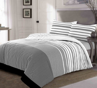 Duvet Cover And Pillowcase Set Stripe Monochrome Design Polycotton Bed Linen Black from B&Q