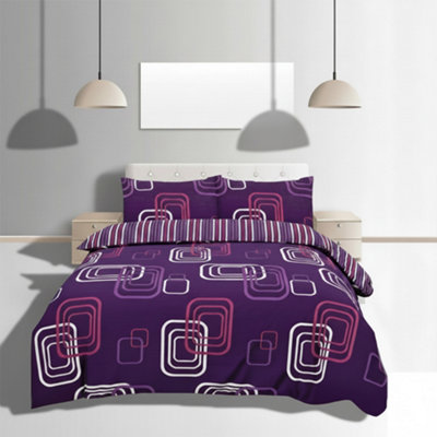 Duvet Cover And Pillowcase Set Geometric Square Design Polycotton Bed Linen Purple from B&Q