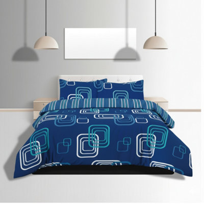 Duvet Cover And Pillowcase Set Geometric Square Design Polycotton Bed Linen Blue from B&Q