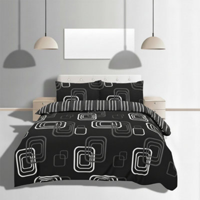 Duvet Cover And Pillowcase Set Geometric Square Design Polycotton Bed Linen Black from B&Q
