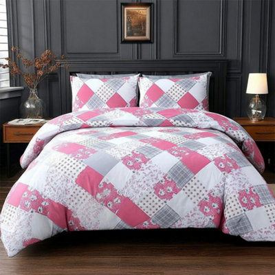 Duvet Cover And Pillowcase Set Floral Patchwork Design Polycotton Bed Linen Pink from B&Q