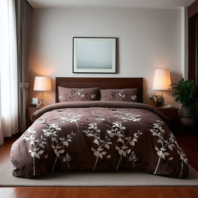  - Duvet Cover And Pillowcase Set Floral Leaf Design Polycotton Bed Linen Brown