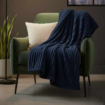 Chunky Ribbed Mink Throw Ultra Soft Warm Elegant Blanket For Sofa Or Bed Navy from B&Q