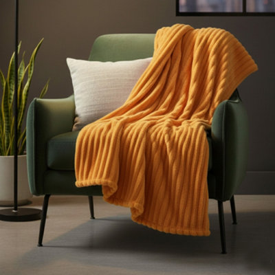 Chunky Ribbed Mink Throw Ultra Soft Warm Elegant Blanket For Sofa Or Bed Orange from B&Q