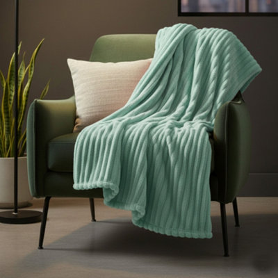 Chunky Ribbed Mink Throw Ultra Soft Warm Elegant Blanket For Sofa Or Bed Duck Egg Blue from B&Q