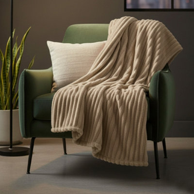 Chunky Ribbed Mink Throw Ultra Soft Warm Elegant Blanket For Sofa Or Bed Beige from B&Q