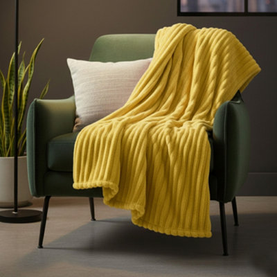 Chunky Ribbed Mink Throw Ultra Soft Warm Elegant Blanket For Sofa Or Bed Yellow from B&Q