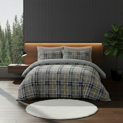 Ultra Soft Teddy Duvet Cover Tartan Check Reversible Fleece Bedding Grey from B&Q