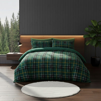 Ultra Soft Teddy Duvet Cover Tartan Check Reversible Fleece Bedding Green from B&Q